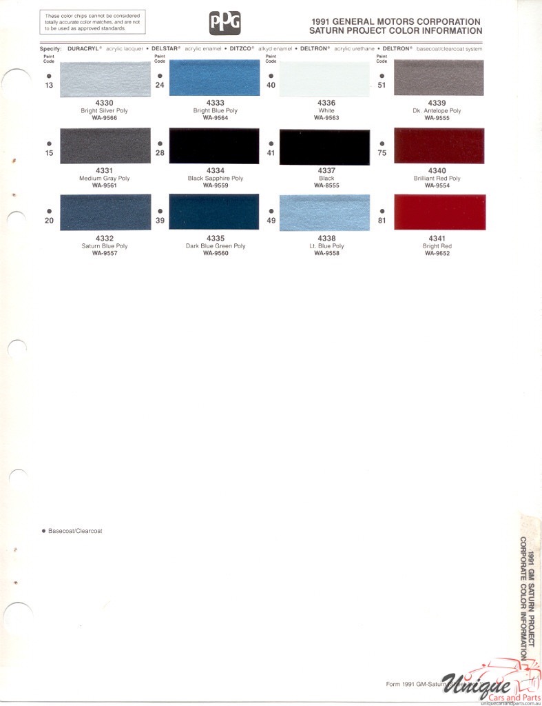 1991 GM Saturn Paint Charts PPG